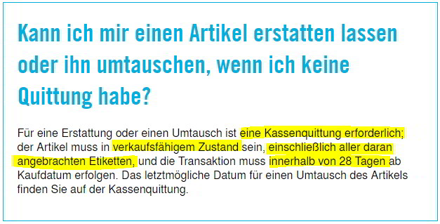 Artikel können nur zurückgegeben oder umgetauscht werden, wenn ein gültiger Nachweis vorliegt