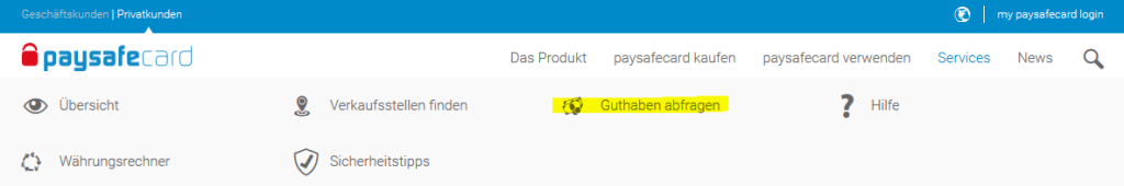 paysafecard-Menü-Navigation-Guthaben