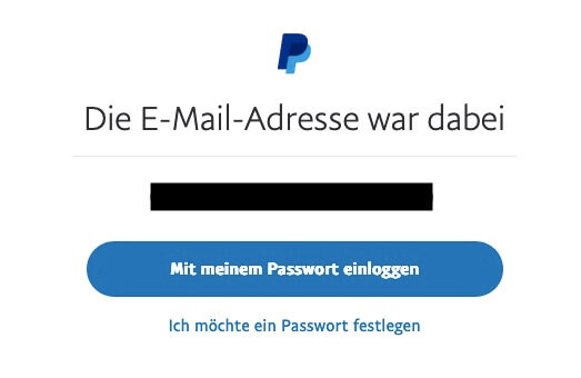 Wenn Ihre E-Mail-Adresse angegeben ist, wird ein Fenster geöffnet, in dem Sie die richtige E-Mail-Adresse eingeben, um sich bei PayPal anzumelden.  Drück den Knopf 