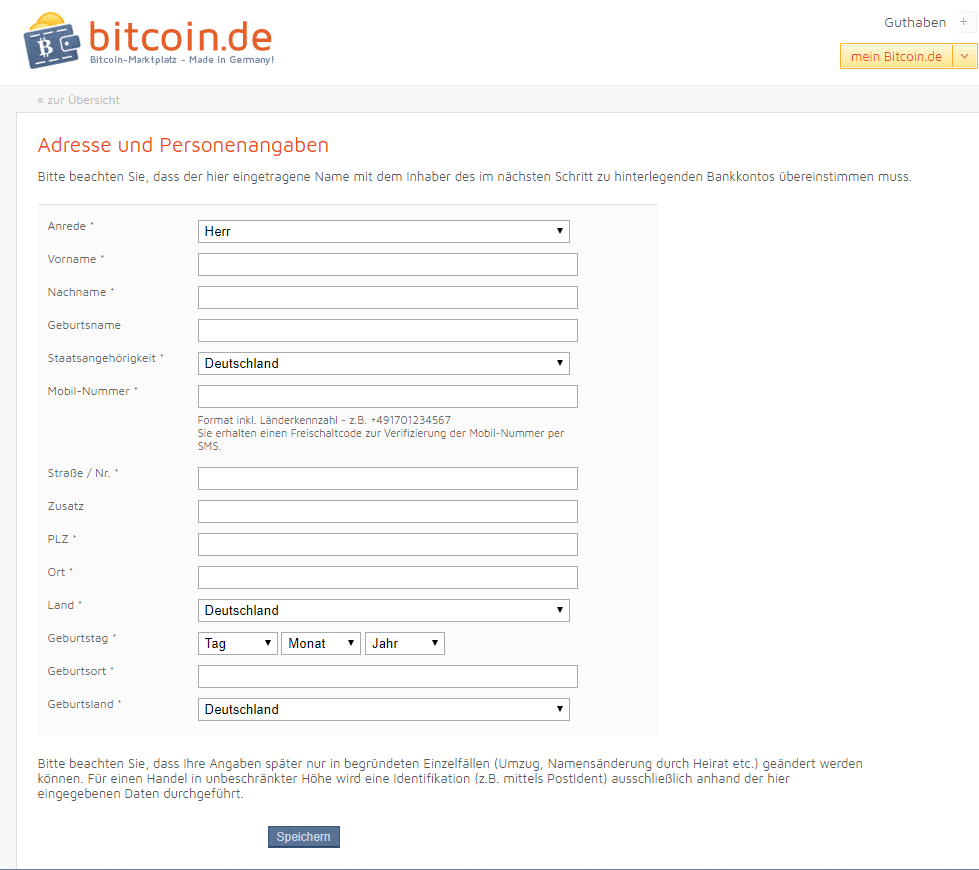 bitcoin.de Registrierung mit echten Daten.