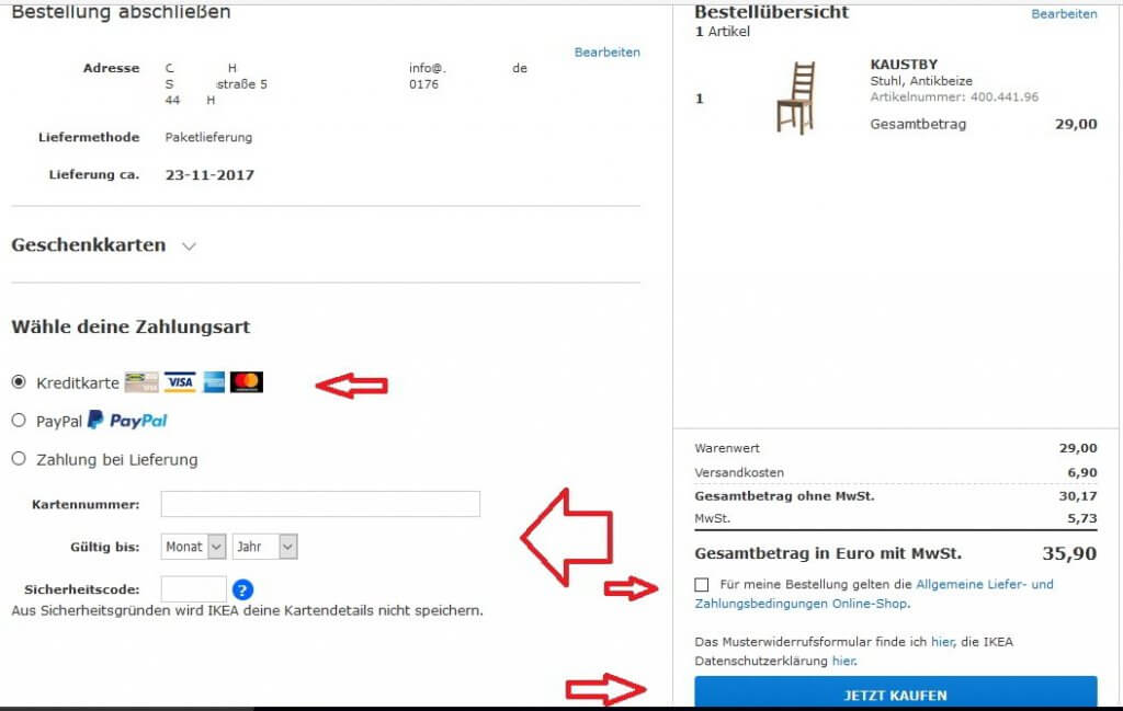 Wählen Sie die Zahlungsmethode "Kreditkarte" und schließen Sie die Bestellung ab (Quelle: IKEA.com)