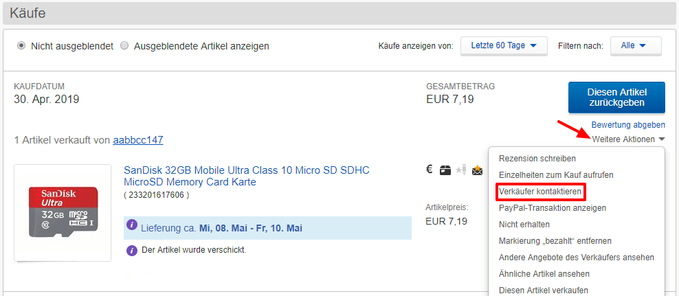 Kontaktieren Sie den eBay-Verkäufer