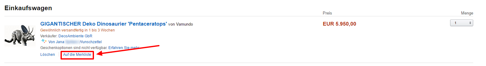 Verschieben Sie den Amazon-Artikel auf die Merkliste