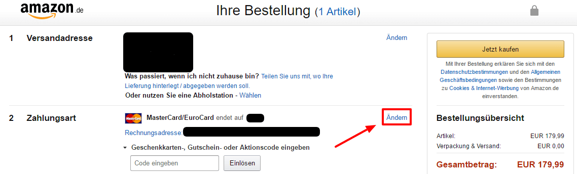 Ändern Sie die Zahlungsmethode bei der Bestellung