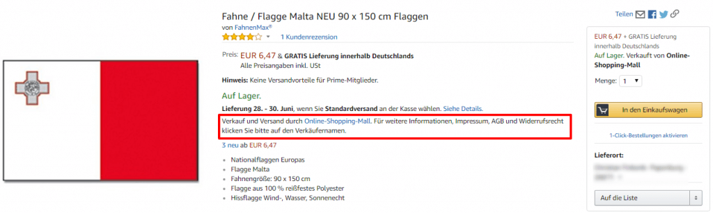 Wenn das Produkt über Amazon verkauft wird, gibt es keinen Vermarkter