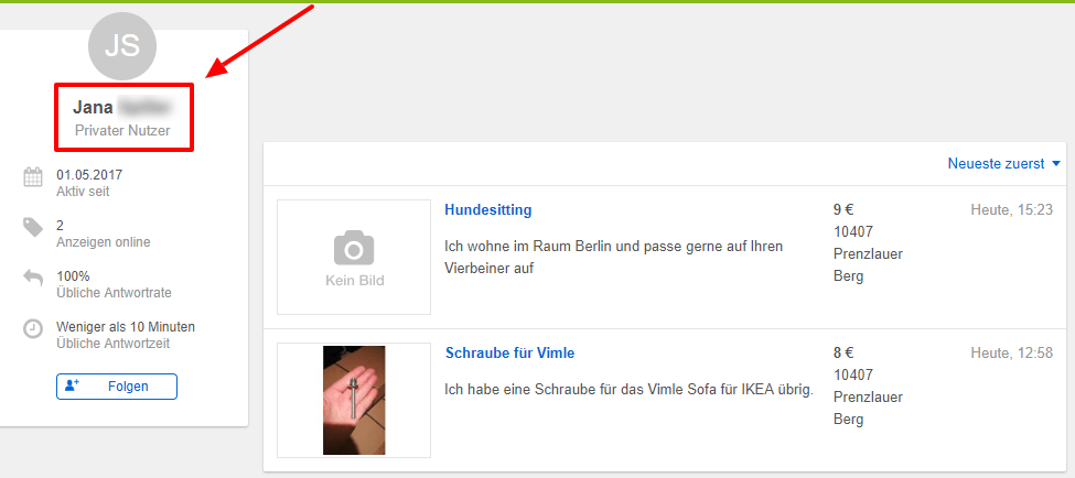 Bei einer Namensänderung wird nur der zuletzt im Benutzerprofil verwendete angezeigt.