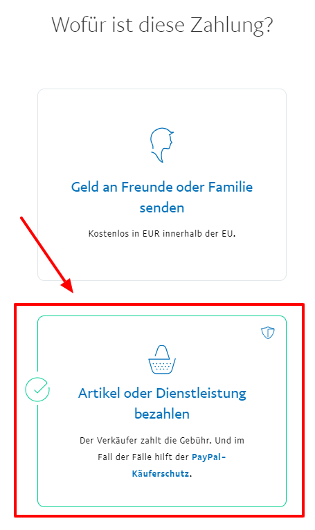 Wenn Sie Geld an PayPal senden, ändern Sie die Art der Transaktion