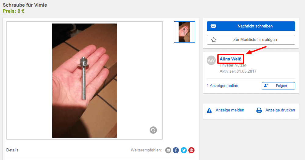 Sie finden das Benutzerprofil des Verkäufers mit dem angezeigten Namen