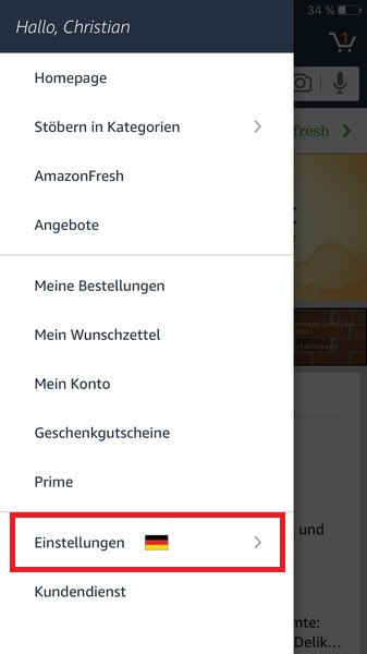 Klicken Sie im Amazon-App-Menü auf Einstellungen