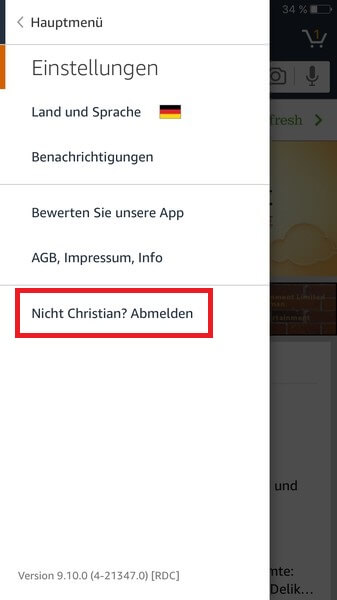 Drücken Sie die Taste, um sich von der Amazon-App abzumelden