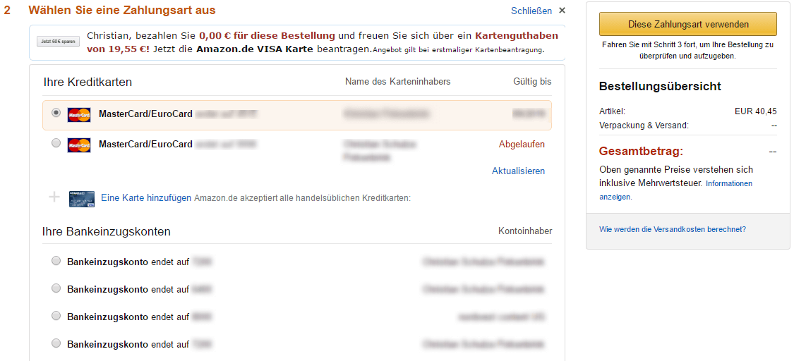 Wählen Sie die Amazon-Zahlungsmethode