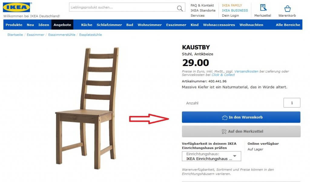 Legen Sie das Produkt in den Ikea-Warenkorb