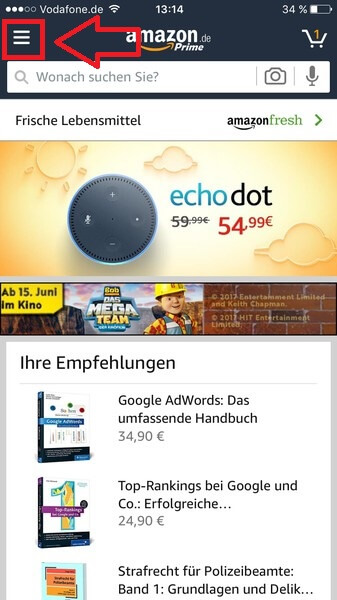 Melden Sie sich über das Menü von der Amazon-App ab