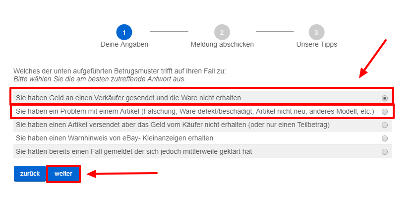 Schadenmeldung senden - passenden Grund auswählen