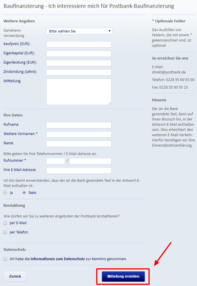 Kontaktformular der Postbank