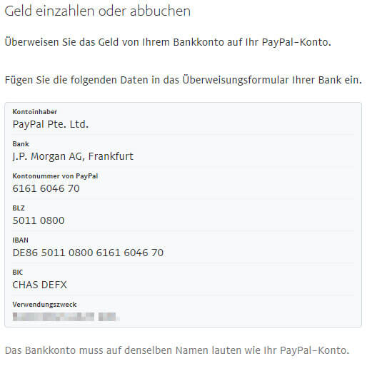 PayPal-Überweisungsdetails