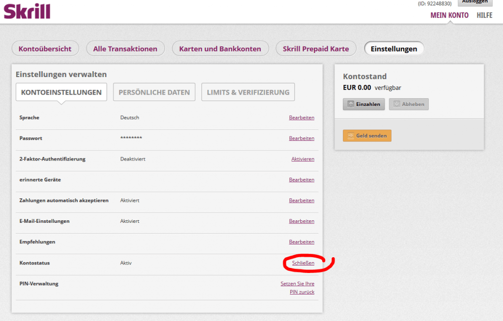 Schließung eines Skrill-Kontos