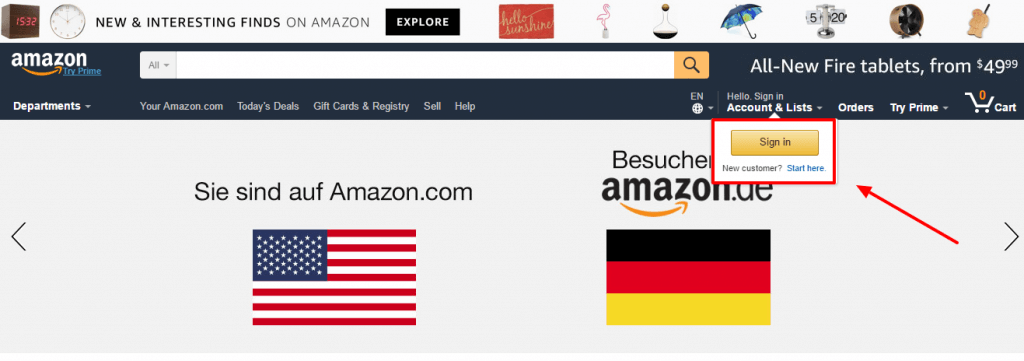 Melden Sie sich oben rechts bei Amazon.com an.