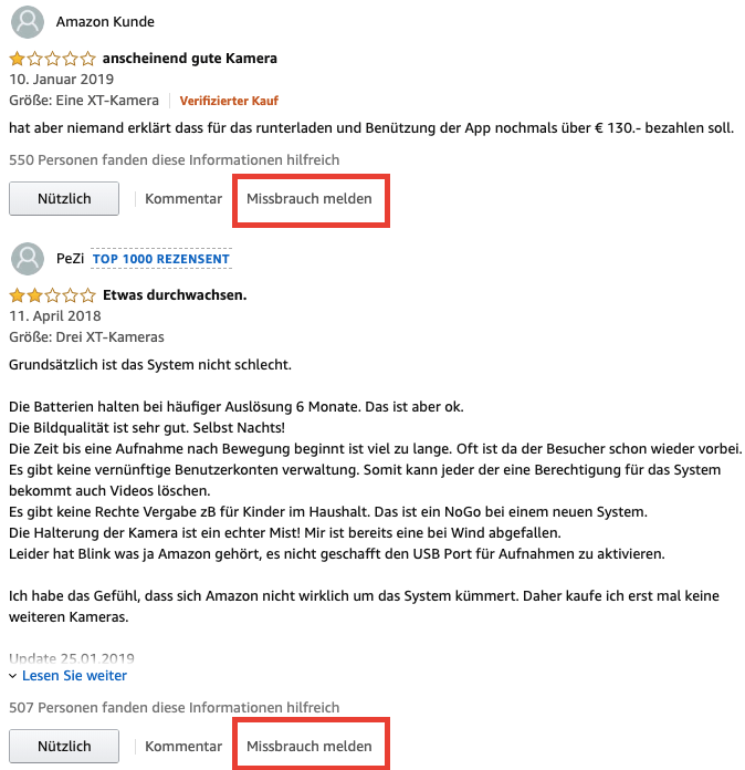 Beleidigenden Kommentar bei Amazon melden