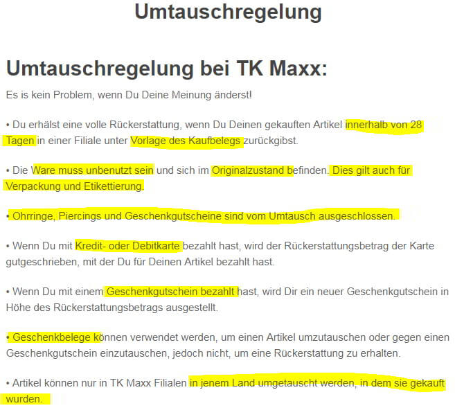 Voraussetzungen für den Austausch bei TK Maxx (Quelle: www.tkmaxx.de)
